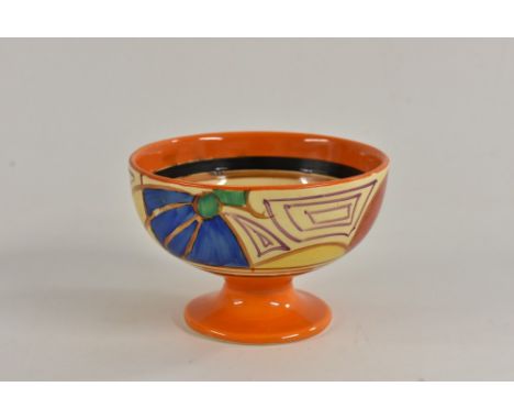 A Clarice Cliff Fantasque Melon pattern pedestal bowl, the interior banded in shades of orange, black and brown, typical hone