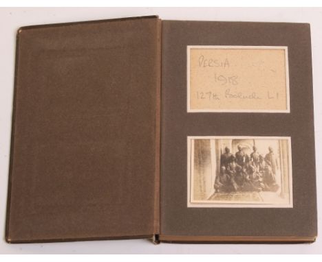 PHOTOGRAPH ALBUM PERSIA 1918. INTERESTING IMAGES INCLUDING 127 BULUCH LIGHT INFANTRY. In addition to military, includes Marke