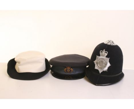 OBSOLETE METROPOLITAN POLICE HELMET, Queens Crown Chrome Custodian Helmet, plus white WPC hostess type hat and Ontarion Provi