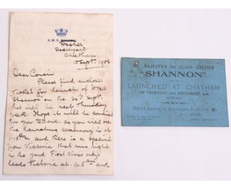 EPHEMERA OF HMS SHANNON INTEREST, consisting of an original ticket for the launching of the ship at Chatham on 20th September