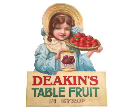 DEAKIN’S TABLE FRUIT SHOP DISPLAY ADVERTISEMENT, in card with stand to the reverse, shows a Victorian dressed child holding a