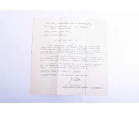 BATTLE OF BRITAIN TANGMERE. Very unusual signed letter (22nd August 1940) from Flight Lieut. J.M.Wilson to F/Lt J.Hunt at Tan