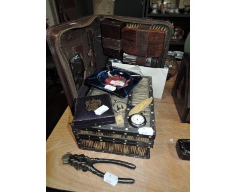 An assorted lot of vintage and antique items including gents travel set, Moorcroft ash tray having blue ground with orchid pa