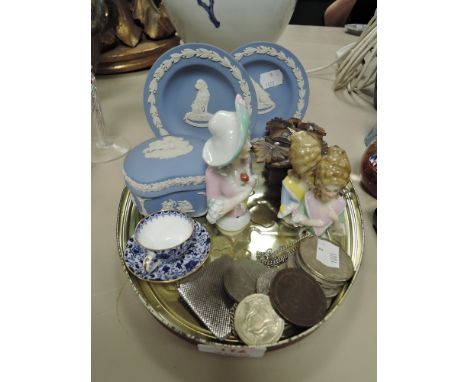 Two Wedgwood pin dishes, both having 'guide dogs for the blind' relief design, three pin cushion ceramic half figures,miniatu