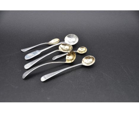 Six English sterling silver condiment spoons most with gilt bowls marked as follows London 1834 (t) maker Charles Boyton (CB)