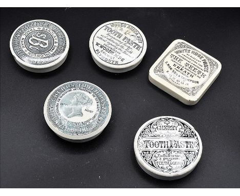Five Victorian ceramic advertising pot lids advertising toothpaste