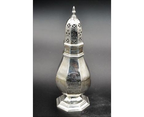 Edwardian English sterling silver sugar sifter, Sheffield 1926 (gothic A), octagonal baluster form with pierced lid, engraved