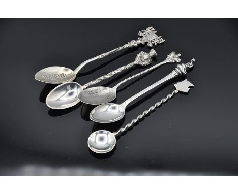 Five British and continental souvenir spoons incl Scottish teaspoon topped with a thistle Edinburgh 1988 (o), maker T K Ebbut