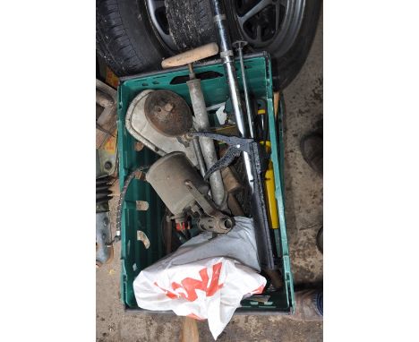 box of miscellaneous tools including stihl bits 