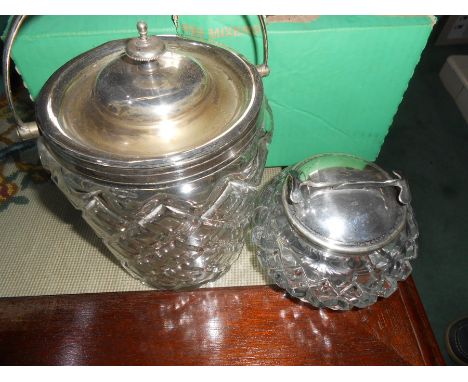 Silver plate glass ice bucket and silver plate sugar bowl