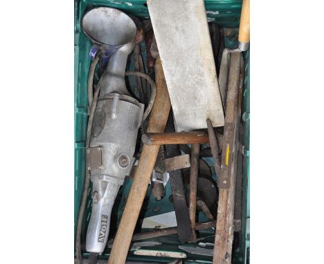 box of vintage tools including wolf grinder 