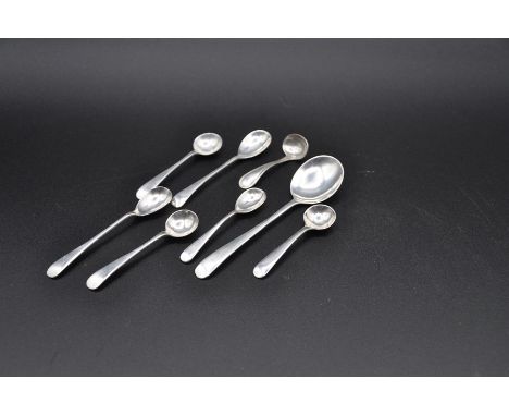 Eight English sterling silver condiment spoons incl 3x Chester 1914 (o) maker Edward and John Haseler (EJH NH), Birmingham 19