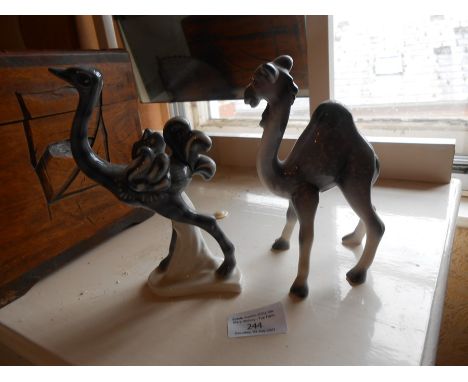 2 Goebel ceramic figurines of an ostrich (17cm) and a camel (16cm)