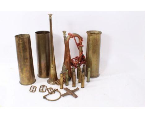 Group of First and Second World War Brass Trench Art Shell vase vases, together with an Argyll and Sutherland Highlanders Bug