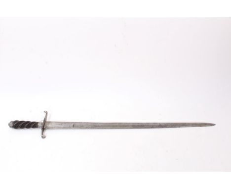 18th century French hunting sword with spiral twist ebony hilt, recurving cross guard and etched fullered blade.72cm overall 