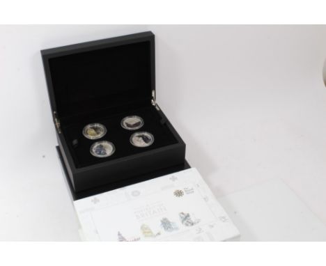 G.B. The Royal Mint 'A Portrait of Britain' £5 silver proof four coin set with colour printing 2014 (in case of issue with Ce