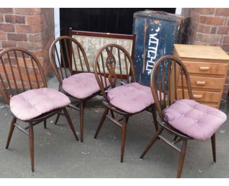 Pine chest of five drawers - 4 Ecrol chairs, fire screen and trunk Condition report: see terms and conditions