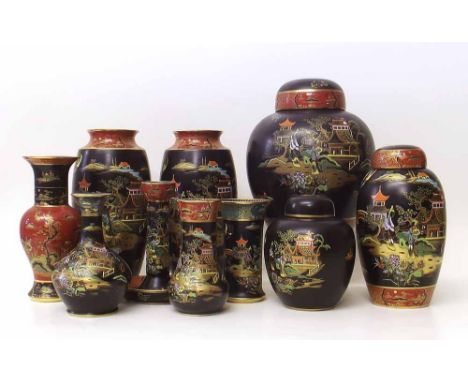 Three Carlton ware Wiltshaw and Robinson ginger jars decorated with 'New Mikado' pattern, the largest jar measures 26cm high,