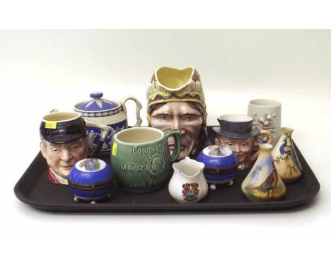 Two Locke and Co Worcester vases, also a Royal Winton Indian Chief character jug, Goss jug, Copeland Spode teapot, Edward VII