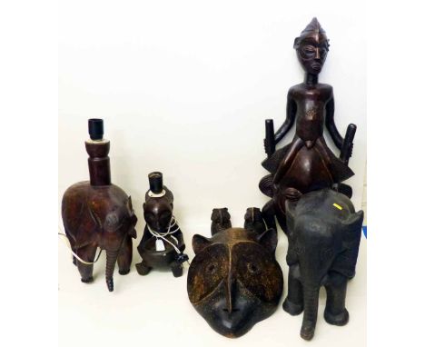 Collection of African items to include 2 masks, 2 elephants, one carved as a lamp, also a Luba/Hemba lamp Condition report: s