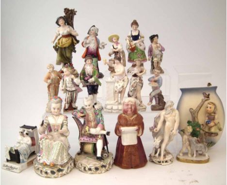 Sixteen Continental porcelain figures, a Hummel wall pocket, and an English pottery Monk candle snuffer. Condition report: se