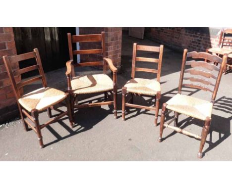 Lancashire style elbow chair and reproduction dining chairs and similar ladder-back chair Condition report: see terms and con