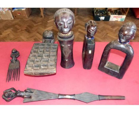 Collection of Luba, Hemba and Tabwa items to include a Mancala board, staff, comb, two Heddie Puiley figures and one other fi