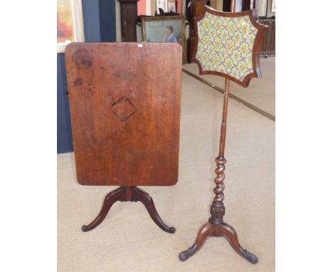 Victorian mahogany pole screen, tripod table and wine table. Condition report: see terms and conditions