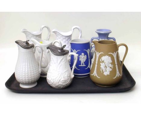 Dudson Portland vase, also two other Jasper jugs, together with five white glazed jugs Condition report: see terms and condit