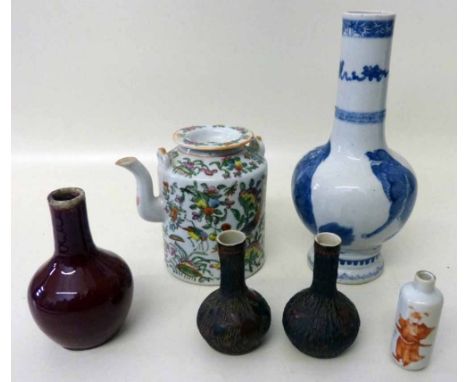 Kangxi style blue and white vase, Canton teapot, Sang de Boeuf vase and three other vases. Condition report: Kangxi style vas