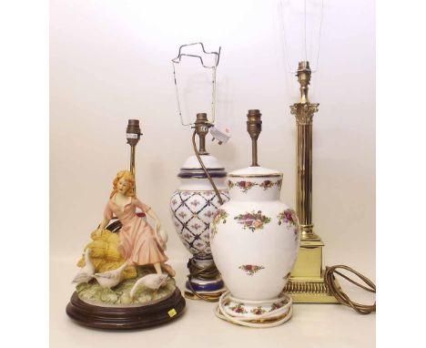Capo di Monte figure lamp, a Royal Albert old country roses lamp, continental lamp and a brass lamp base. Condition report: s