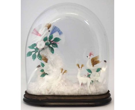 Victorian glass lamp work exotic bird and deer display Condition report: see terms and conditions