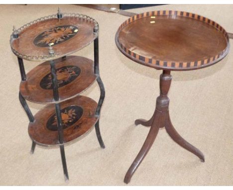 19th century 3 tier oval occasional table inlaid with marquetry and mahogany and inlaid tripod table Condition report: see te