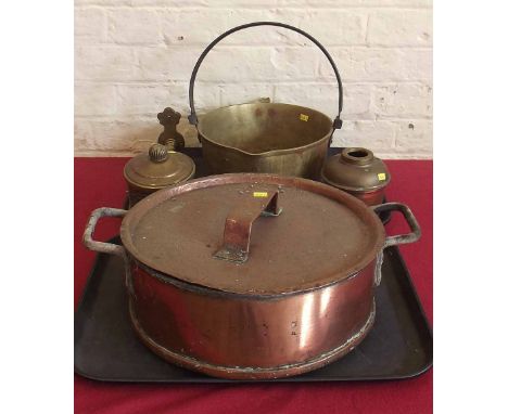 Heavy copper lidded pan 36cm diameter with handles, brass jam kettle and brass wall mounted oil lamp stand. Condition report:
