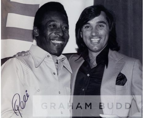 Large Pele signed b&w photographic print featuring his meeting with George Best,signed in black marker pen Pele, 59 by 69cm. 