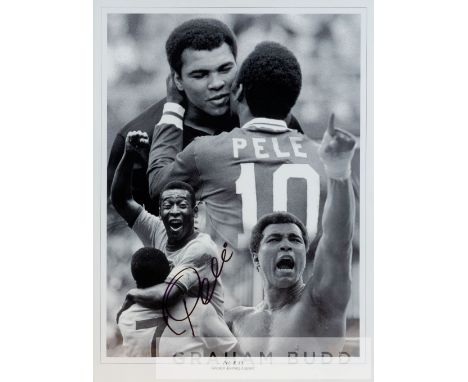 Pele signed b&w photographic print montage with Muhammad Ali 'Pele & Ali', featuring the two of the 20th century greatest spo