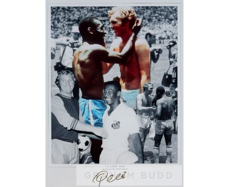 Pele signed b&w, colour photographic print montage 'Pele and Bobby Moore',featuring both players during the 1970 World Cup, s