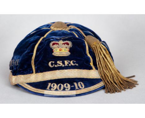 Civil Service Football Club cap awarded in 1909-10,the navy velvet cap with gilt tassel and braiding, embroidered with C.S.F.