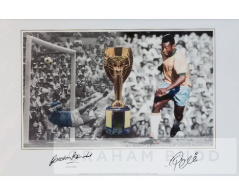 Pele and Gordon Bank duel signed b&w colour photographic print montage,featuring both players during the 1970 World Cup with 