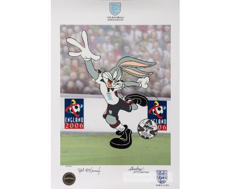 England 2006 FIFA World Cup Bid Bugs Bunny print, signed by artists Robert and Charles McKimson,featuring Bugs Bunny wearing 