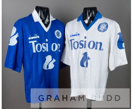 Two FC Kuusysi Lahti Finland jerseys, circa 1989,both by Diadora, with club crest and sponsor logo's, the first a blue no.9 s