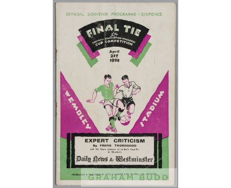 F.A. Cup Final programme Blackburn Rovers v Huddersfield Town played at Wembley Stadium 21st April 1928,28 pages, light verti