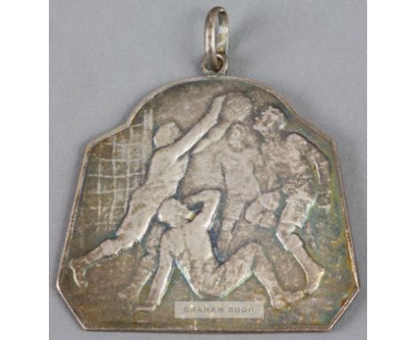 C.A. Spora Luxembourg 20th anniversary 1907-27 silvered medal,obverse with four footballers in relief, reverse engraved SPORA