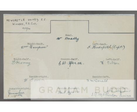 NEWCASTLE UNITED 1923-24 FA CUP WINNING TEAM ORIGINAL INK AUTOGRAPHED TEAM SHEET The 1924 FA Cup Final was contested by Newca