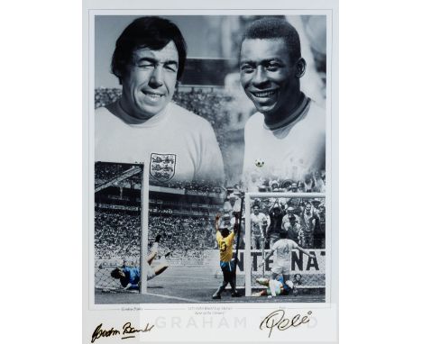Pele and Gordon Bank duel signed b&w colour photographic print montage 'Save of the Century',featuring both players during th