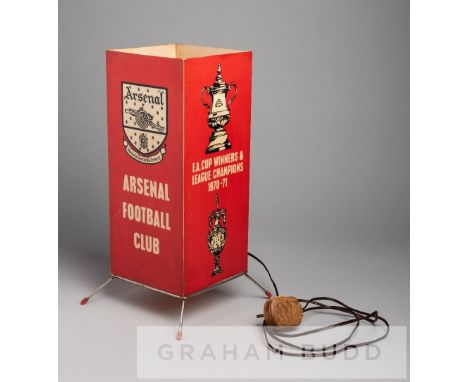 Arsenal FC desk lamp commemorating the 1970-71 double-winning season,circa 1971, a four-sided red shade featuring F.A. CUP WI