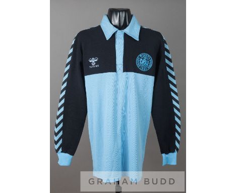 Two Denmark International Jerseys comprising a blue and black Denmark U-21 no.16 goalkeeper's substitute's jersey from the UE
