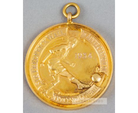 South African Football Association medal awarded to Sir Frederick Wall on his retirement as F.A. Secretary in 1934,obverse wi