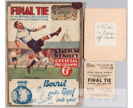 Programme, ticket and autographs for the Arsenal v Newcastle United F.A. Cup Final played at Wembley Stadium 23rd April 1932,