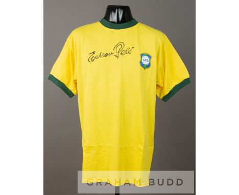 Pele signed yellow Brazil retro jersey, short-sleeved with green collar and C.B.D crest, signed EDSON PELE in black marker pe